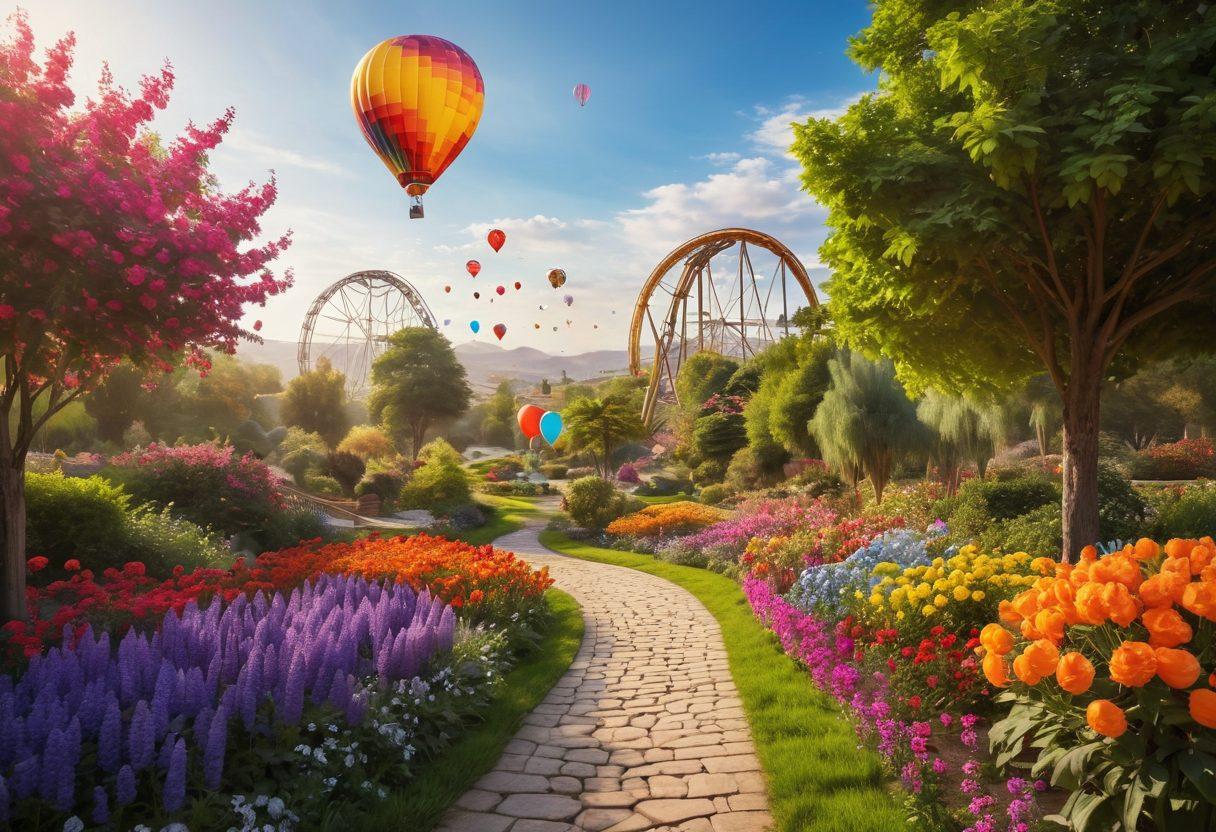 A serene landscape depicting a gradual transition from a vibrant, euphoric scene of colorful balloons and roller coasters on one side, to a calm and peaceful garden with soft sunlight and blooming flowers on the other. Include a winding path that connects both areas, symbolizing the journey from elation to contentment. People enjoying both realms, reflecting joy and tranquility. painting. vibrant colors.