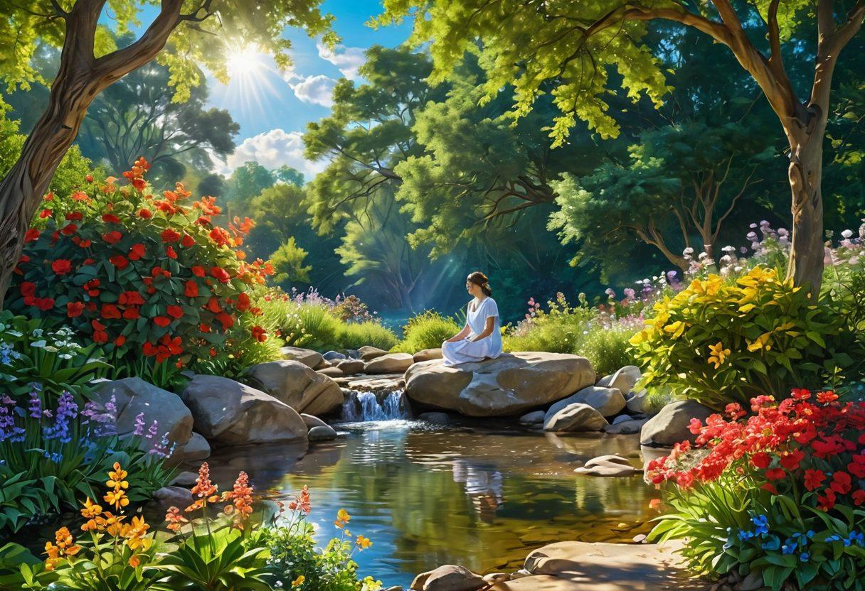 A serene landscape featuring a meditative figure surrounded by lush greenery and colorful flowers, rays of sunlight filtering through trees, symbolizing transformation and joy. In the background, a gentle stream flows, enhancing the sense of peace and well-being. Soft clouds drift in a bright blue sky, evoking feelings of bliss. super-realistic. vibrant colors. peaceful atmosphere.