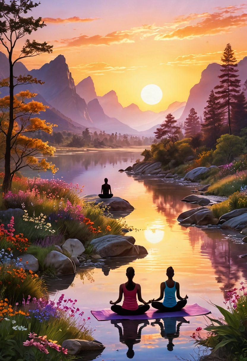 A serene landscape with a vibrant sunrise illuminating a peaceful valley, symbolizing new beginnings. In the foreground, silhouettes of diverse people engaging in joyful activities like yoga, laughter, and shared moments. Elements of nature like blooming flowers and gentle rivers enhance the scene, representing growth and vitality. The atmosphere is filled with golden hues and soft pastels to evoke happiness and tranquility. super-realistic. vibrant colors. 3D.